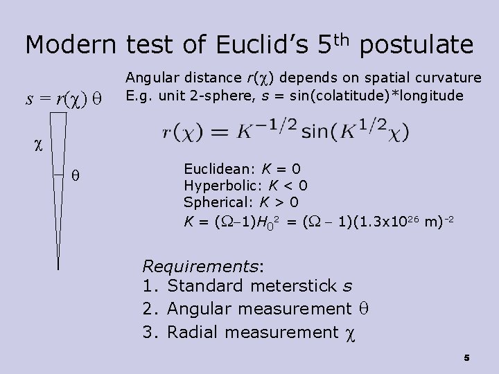 Modern test of Euclid’s 5 th postulate s = r(c) q Angular distance r(c)