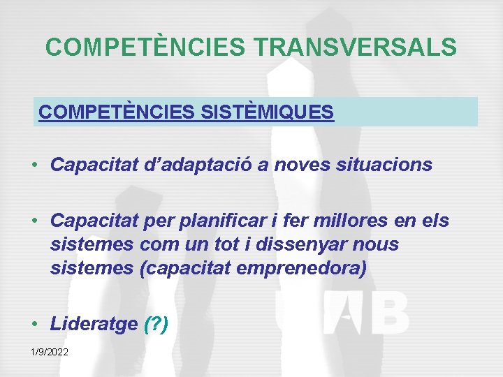 COMPETÈNCIES TRANSVERSALS COMPETÈNCIES SISTÈMIQUES • Capacitat d’adaptació a noves situacions • Capacitat per planificar