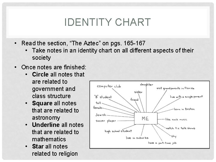 IDENTITY CHART • Read the section, “The Aztec” on pgs. 165 -167 • Take