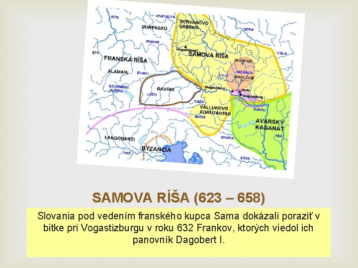 SAMOVA RÍŠA (623 – 658) Slovania pod vedením franského kupca Sama dokázali poraziť v