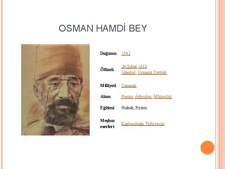 OSMAN HAMDİ BEY Doğumu 1842 Ölümü 24 Şubat 1910 İstanbul, Osmanlı Devleti Milliyeti Osmanlı OSMAN HAMDİ BEY Doğumu 1842 Ölümü 24 Şubat 1910 İstanbul, Osmanlı Devleti Milliyeti Osmanlı