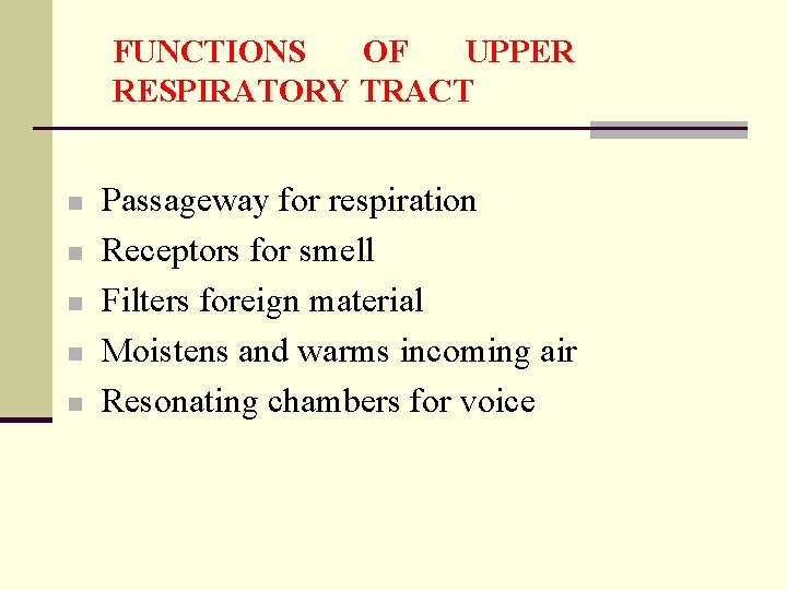 FUNCTIONS OF UPPER RESPIRATORY TRACT n n n Passageway for respiration Receptors for smell