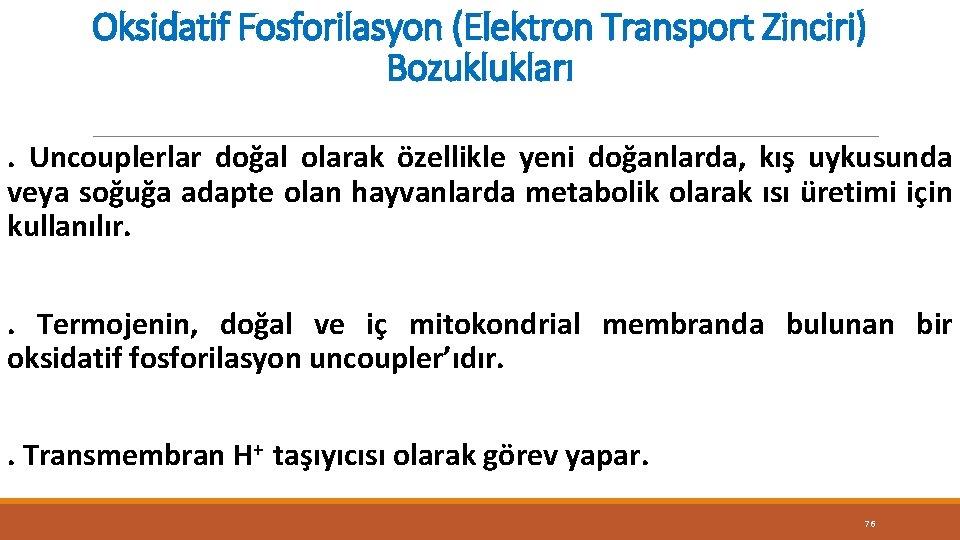 Oksidatif Fosforilasyon (Elektron Transport Zinciri) Bozuklukları. Uncouplerlar doğal olarak özellikle yeni doğanlarda, kış uykusunda