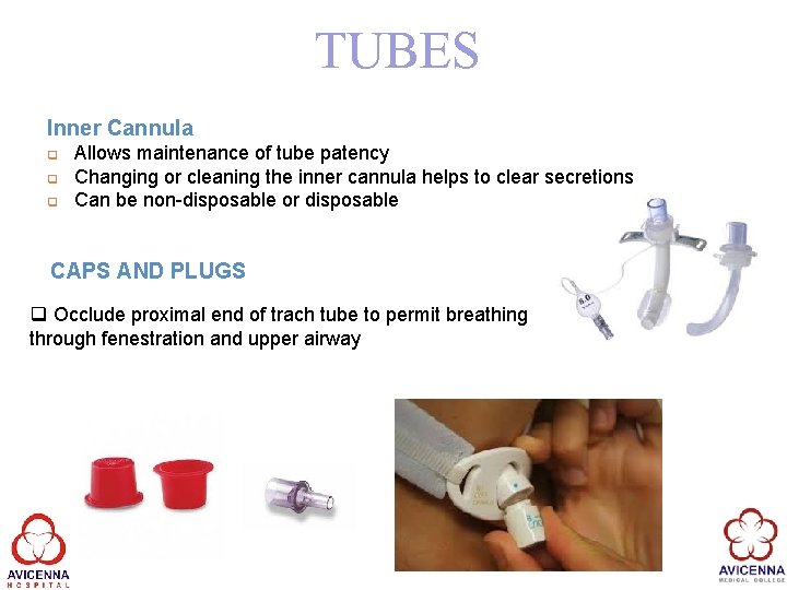 TUBES Inner Cannula q q q Allows maintenance of tube patency Changing or cleaning