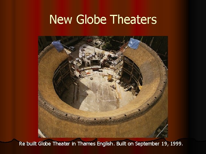 New Globe Theaters Re built Globe Theater in Thames English. Built on September 19,