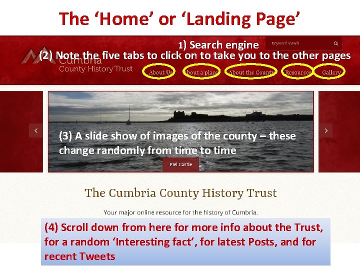 The ‘Home’ or ‘Landing Page’ 1) Search engine (2) Note the five tabs to