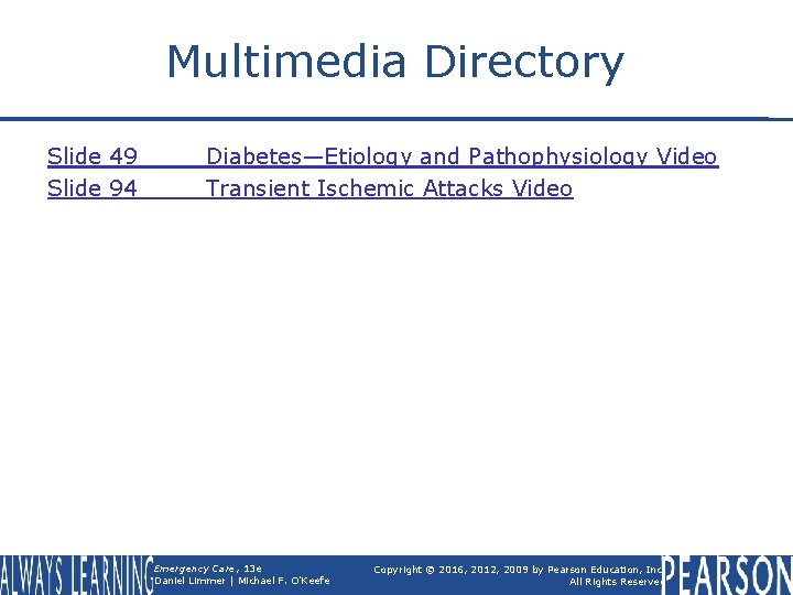 Multimedia Directory Slide 49 Slide 94 Diabetes—Etiology and Pathophysiology Video Transient Ischemic Attacks Video