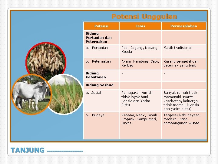 Potensi Unggulan Potensi Jenis Permasalahan Bidang Pertanian dan Peternakan a. Pertanian Padi, Jagung, Kacang,