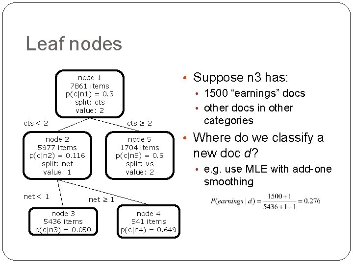 Leaf nodes node 1 7861 items p(c|n 1) = 0. 3 split: cts value: