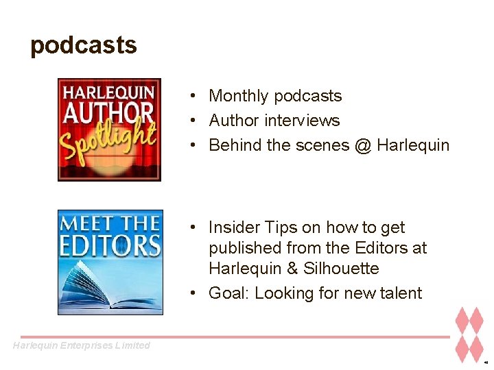 podcasts • Monthly podcasts • Author interviews • Behind the scenes @ Harlequin •