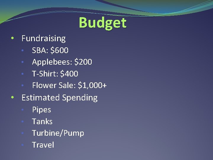 Budget • Fundraising • SBA: $600 • Applebees: $200 • T-Shirt: $400 • Flower