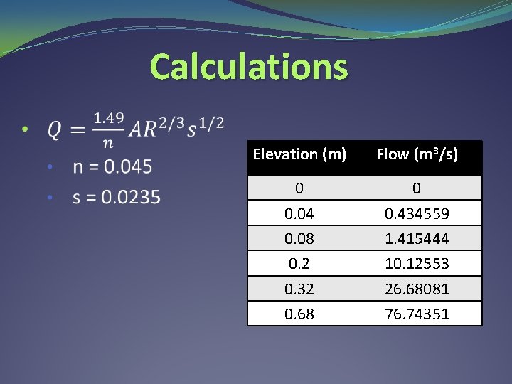 Calculations Elevation (m) Flow (m 3/s) 0 0. 04 0. 08 0. 2 0.
