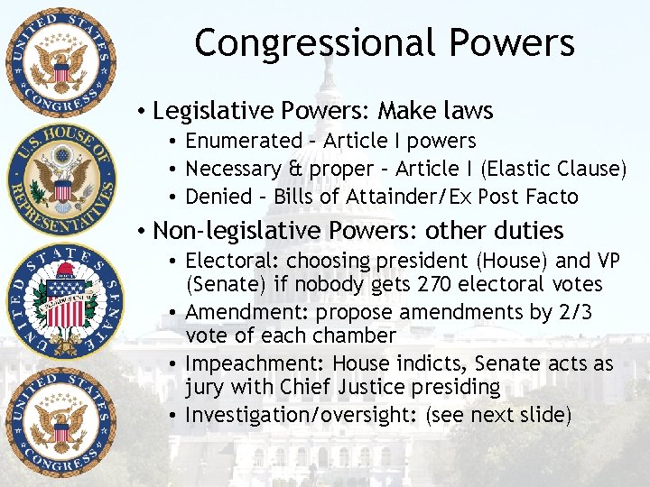 Congressional Powers • Legislative Powers: Make laws • Enumerated – Article I powers •