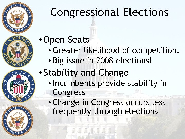 Congressional Elections • Open Seats • Greater likelihood of competition. • Big issue in