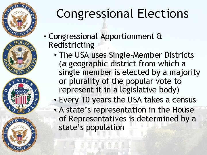 Congressional Elections • Congressional Apportionment & Redistricting • The USA uses Single-Member Districts (a