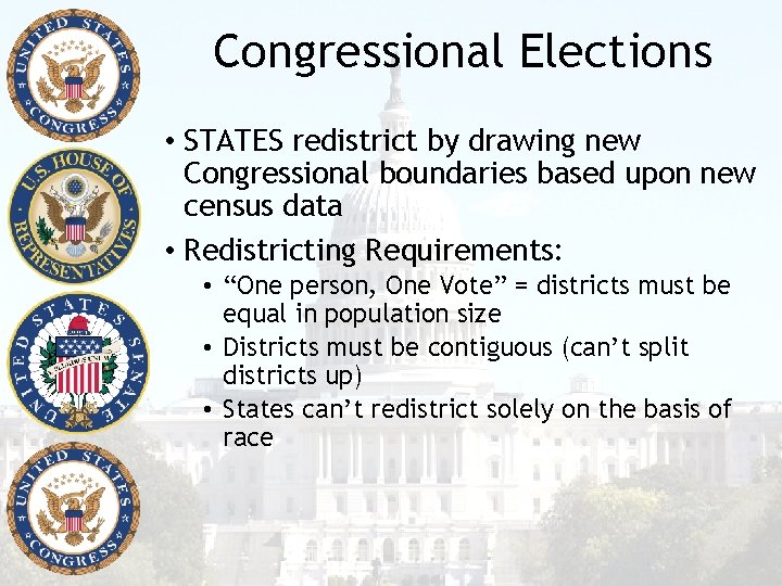 Congressional Elections • STATES redistrict by drawing new Congressional boundaries based upon new census