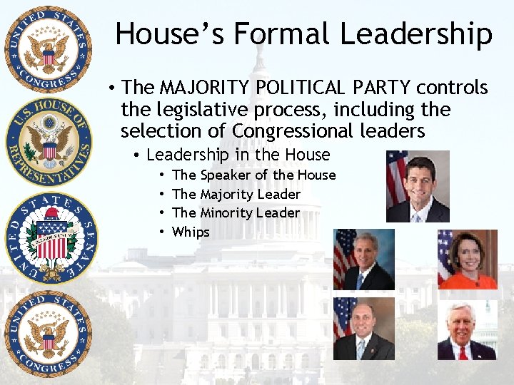 House’s Formal Leadership • The MAJORITY POLITICAL PARTY controls the legislative process, including the