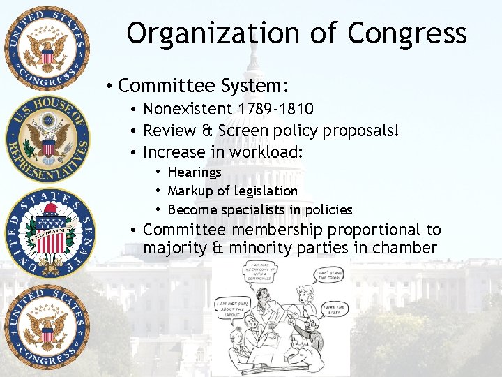 Organization of Congress • Committee System: • Nonexistent 1789 -1810 • Review & Screen