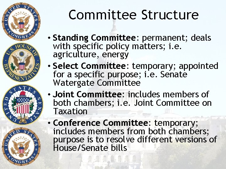 Committee Structure • Standing Committee: permanent; deals with specific policy matters; i. e. agriculture,