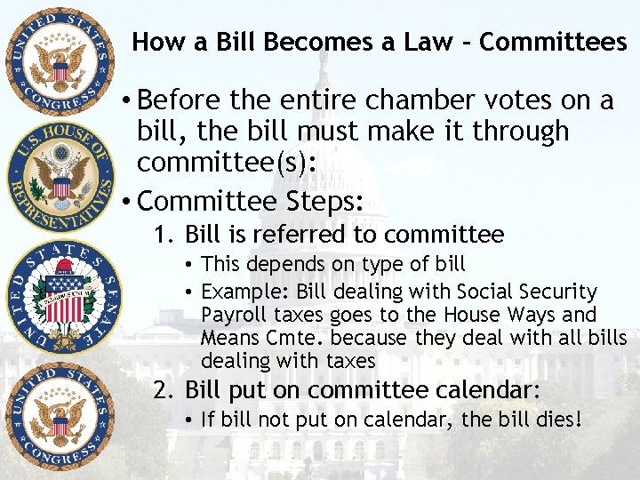 How a Bill Becomes a Law - Committees • Before the entire chamber votes