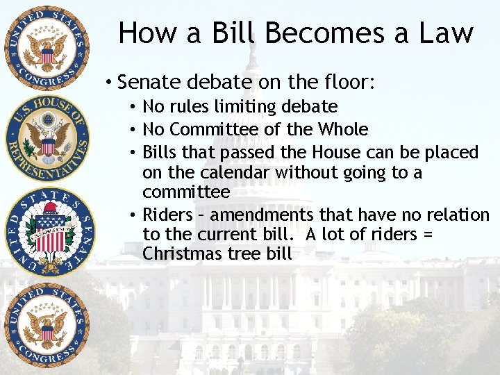 How a Bill Becomes a Law • Senate debate on the floor: • No