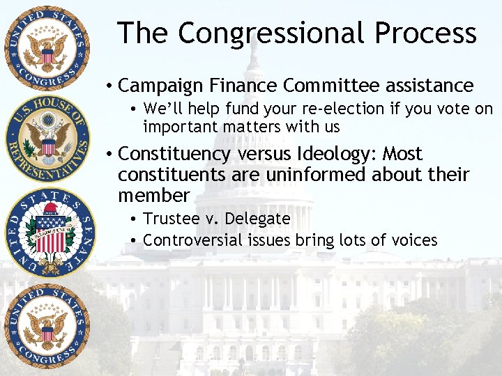 The Congressional Process • Campaign Finance Committee assistance • We’ll help fund your re-election