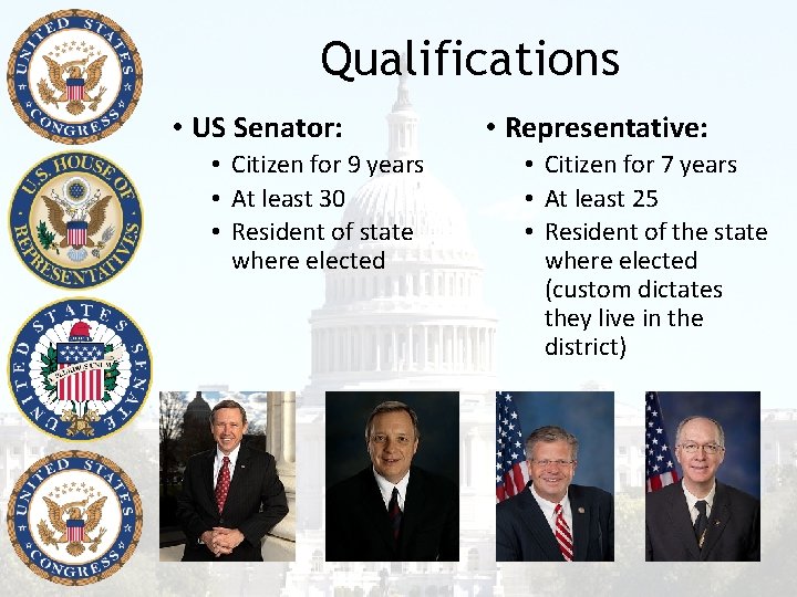 Qualifications • US Senator: • Citizen for 9 years • At least 30 •