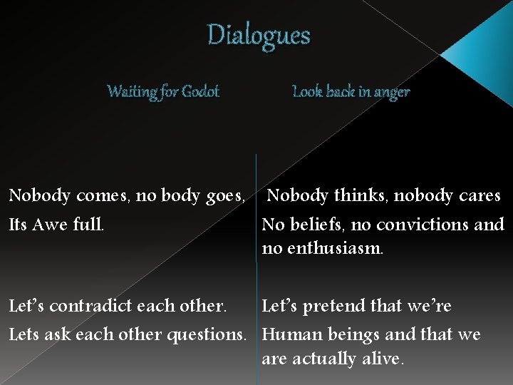 Dialogues Waiting for Godot Look back in anger Nobody comes, no body goes, Nobody