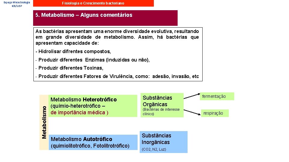 Espaço Microbiologia ICB/USP Fisiologia e Crescimento bacteriano 5. Metabolismo – Alguns comentários As bactérias