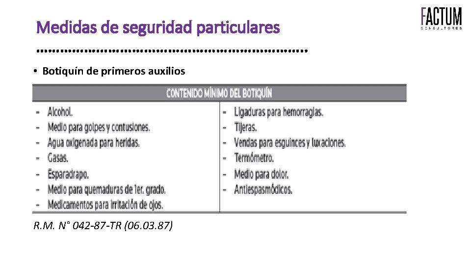 Medidas de seguridad particulares ……………………………. . • Botiquín de primeros auxilios R. M. N°