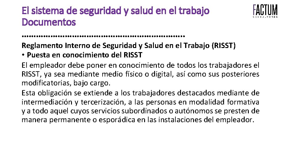 El sistema de seguridad y salud en el trabajo Documentos ……………………………. . Reglamento Interno