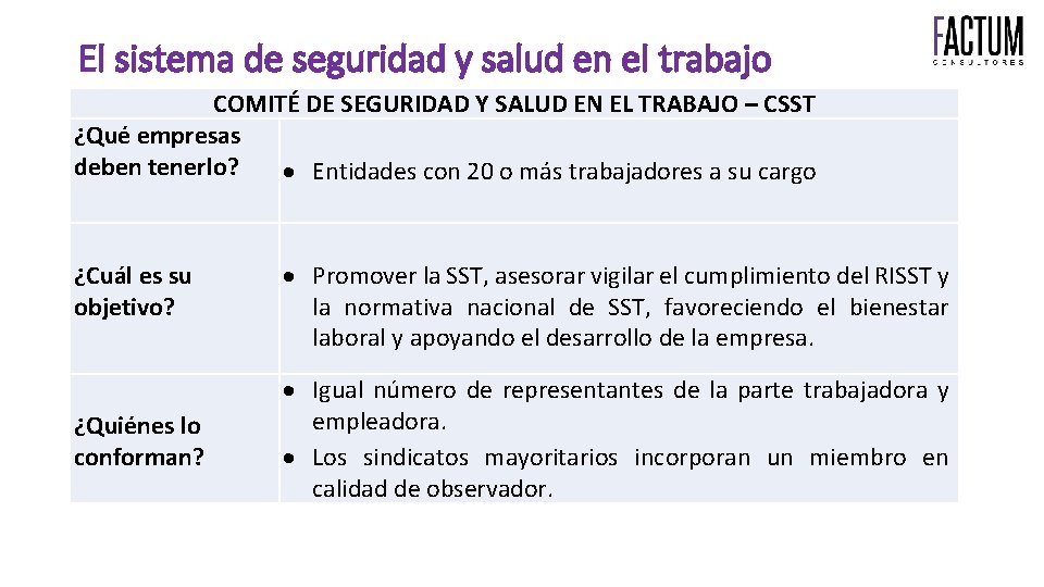 El sistema de seguridad y salud en el trabajo COMITÉ DE SEGURIDAD Y SALUD