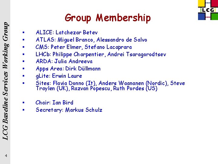 LCG Baseline Services Working Group 4 Group Membership § § § § ALICE: Latchezar