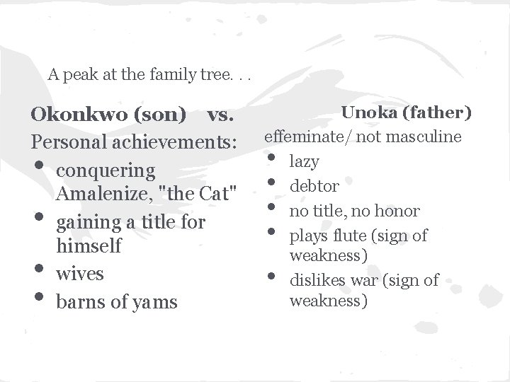 A peak at the family tree. . . Okonkwo (son) vs. Personal achievements: conquering