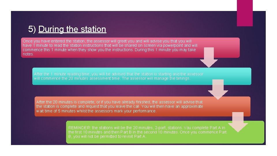 5) During the station Once you have entered the station, the assessor will greet