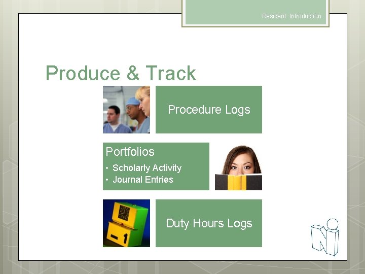 Resident Introduction Produce & Track Procedure Logs Portfolios • Scholarly Activity • Journal Entries