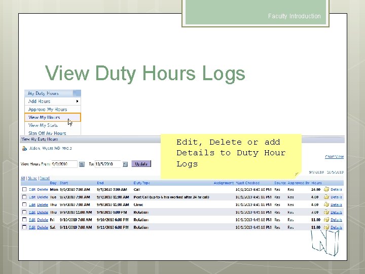 Faculty Introduction View Duty Hours Logs Edit, Delete or add Details to Duty Hour