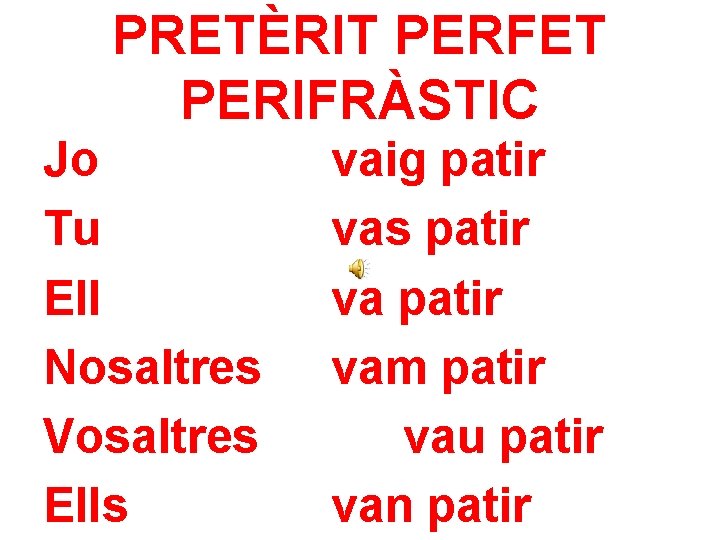 PRETÈRIT PERFET PERIFRÀSTIC Jo Tu Ell Nosaltres Vosaltres Ells vaig patir vas patir vam