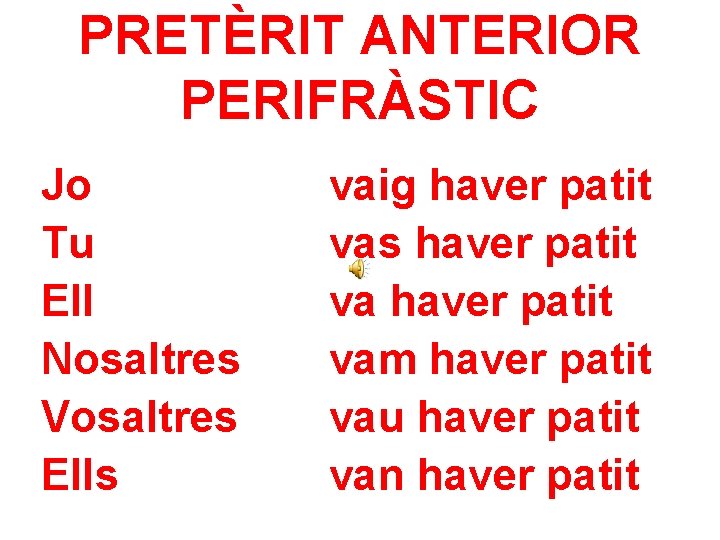 PRETÈRIT ANTERIOR PERIFRÀSTIC Jo Tu Ell Nosaltres Vosaltres Ells vaig haver patit vas haver