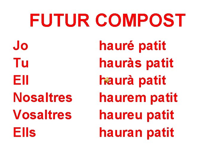 FUTUR COMPOST Jo Tu Ell Nosaltres Vosaltres Ells hauré patit hauràs patit haurà patit