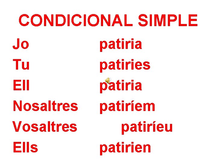 CONDICIONAL SIMPLE Jo Tu Ell Nosaltres Vosaltres Ells patiria patiries patiria patiríem patiríeu patirien