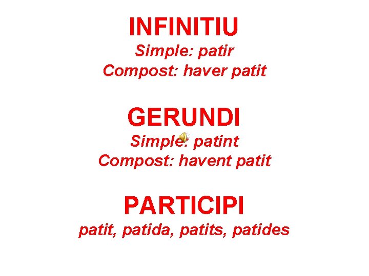 INFINITIU Simple: patir Compost: haver patit GERUNDI Simple: patint Compost: havent patit PARTICIPI patit,
