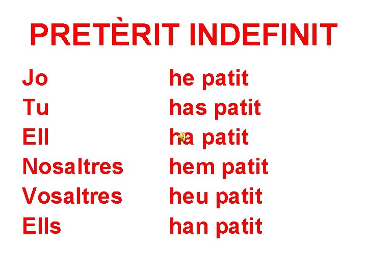PRETÈRIT INDEFINIT Jo Tu Ell Nosaltres Vosaltres Ells he patit has patit ha patit
