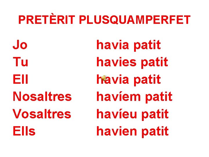 PRETÈRIT PLUSQUAMPERFET Jo Tu Ell Nosaltres Vosaltres Ells havia patit havies patit havia patit