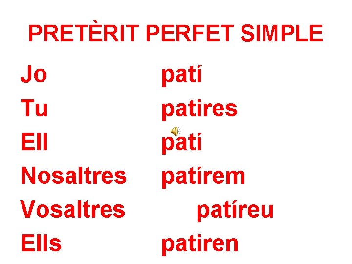 PRETÈRIT PERFET SIMPLE Jo Tu Ell Nosaltres Vosaltres Ells patí patires patírem patíreu patiren