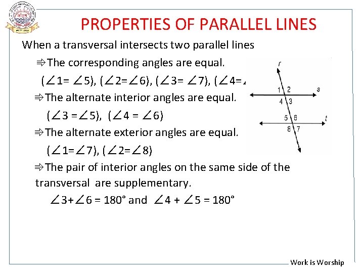 PROPERTIES OF PARALLEL LINES When a transversal intersects two parallel lines ⇛The corresponding angles