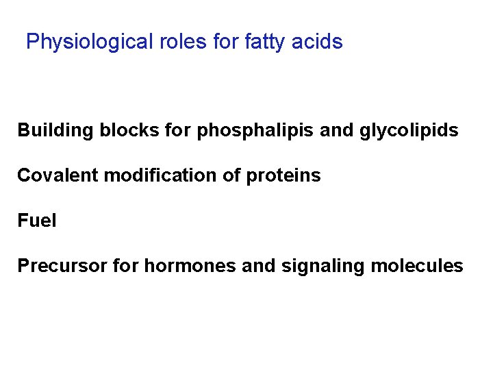 Physiological roles for fatty acids Building blocks for phosphalipis and glycolipids Covalent modification of
