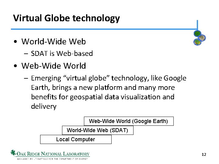 Virtual Globe technology • World-Wide Web – SDAT is Web-based • Web-Wide World –