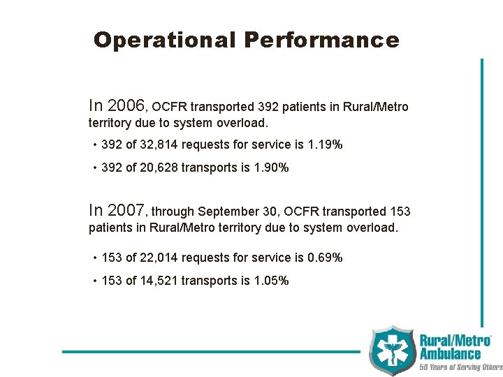 Operational Performance In 2006, OCFR transported 392 patients in Rural/Metro territory due to system