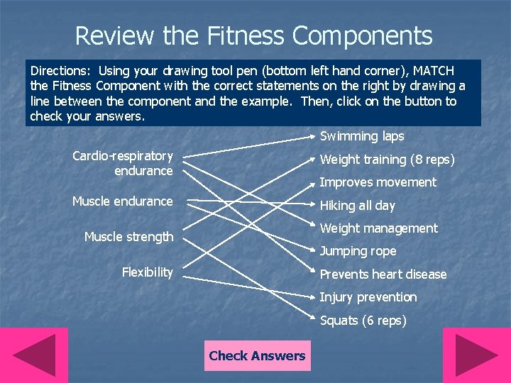 Review the Fitness Components Directions: Using your drawing tool pen (bottom left hand corner),